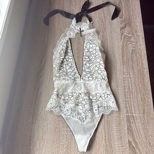 Halter Lace Teddy Bodysuit - Black and White